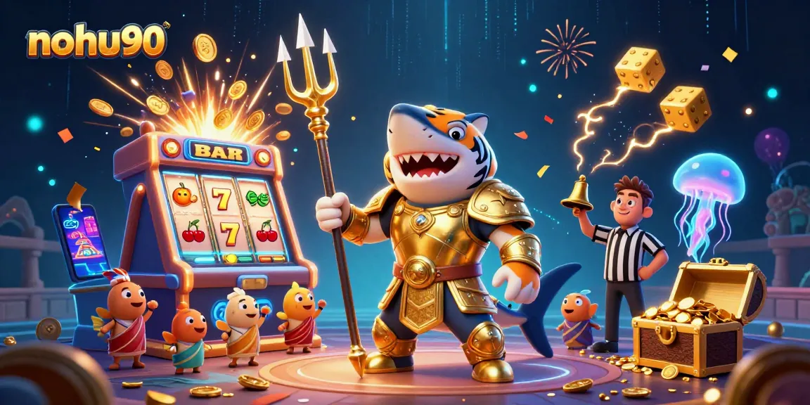 Nohu90 captures thrilling underwater casino action with a tiger shark, jackpot slot machine, and vibrant elements.