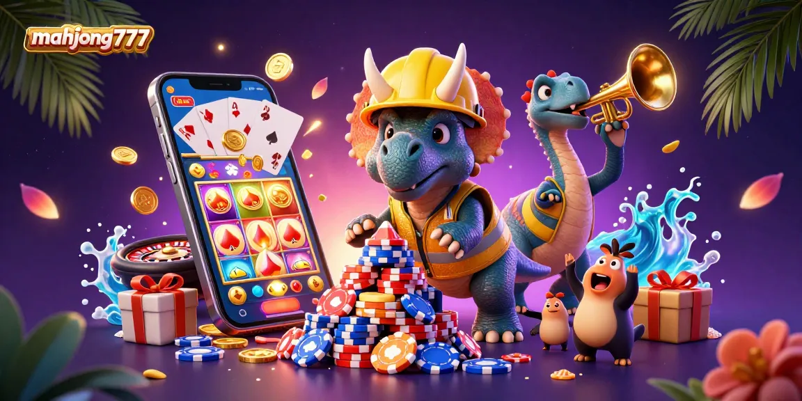 Join the excitement with mahjong777 as a triceratops builds poker chips while surrounded by slot game action.