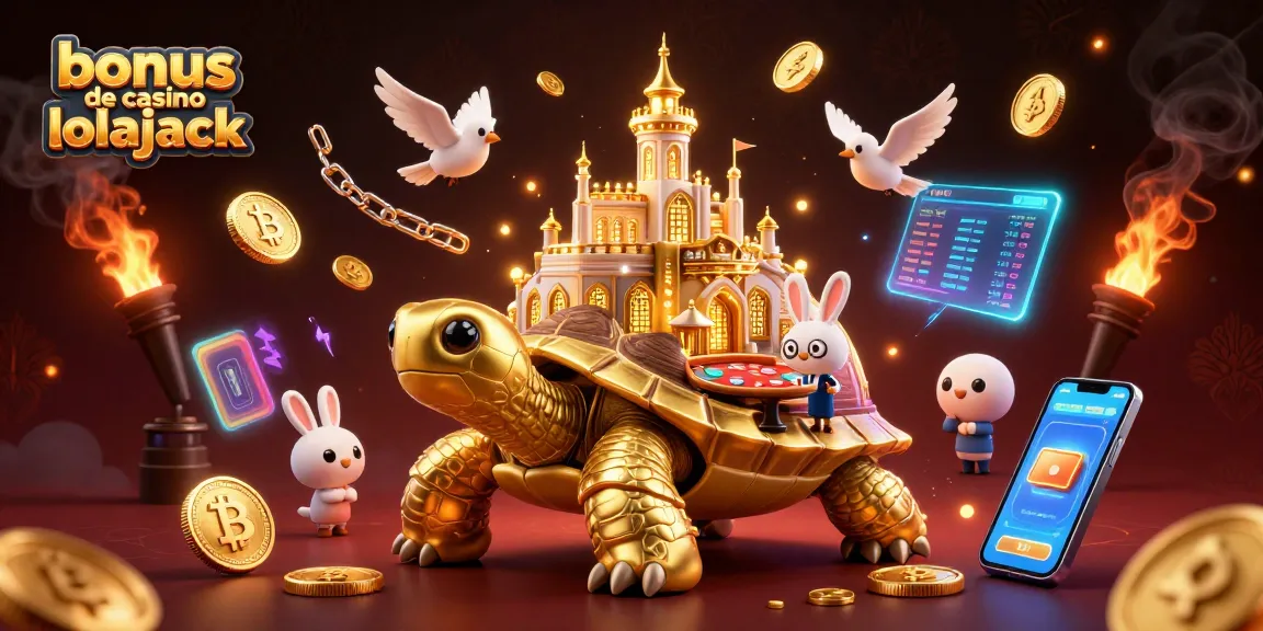 Découvrez le bonus de casino lolajack avec une illustration dynamique de tortue dorée et de jeux de casino.