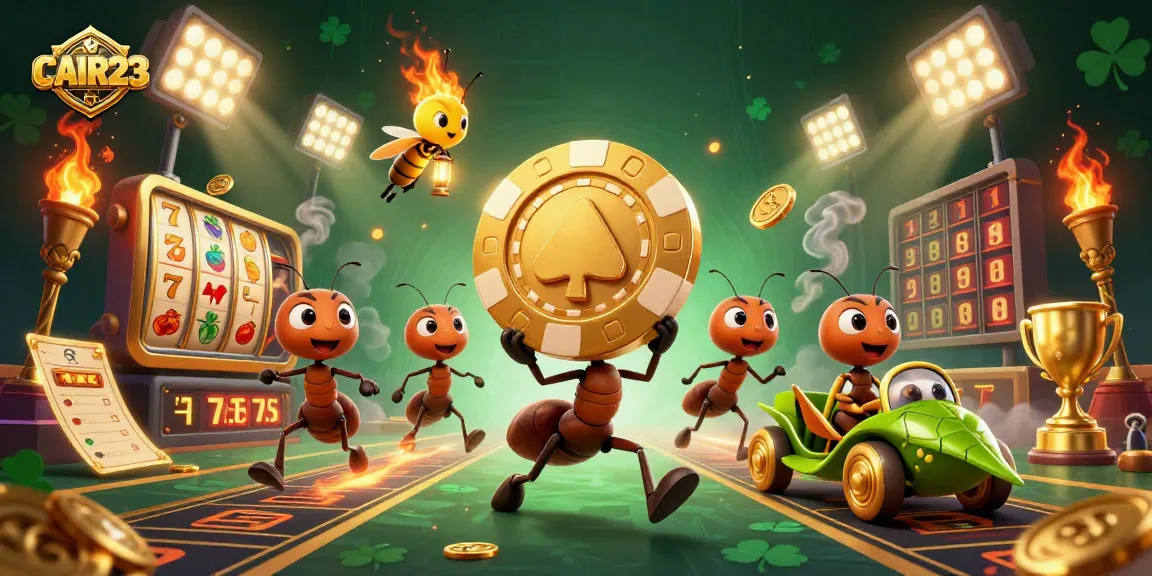 CAIR23 memperlihatkan semut 3D sedang menjalankan pencurian chip poker emas besar di kasino.