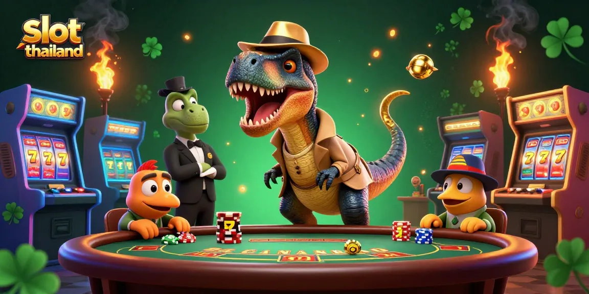 Play thrilling slot thailand games in a dynamic cartoon casino scene with vibrant characters.