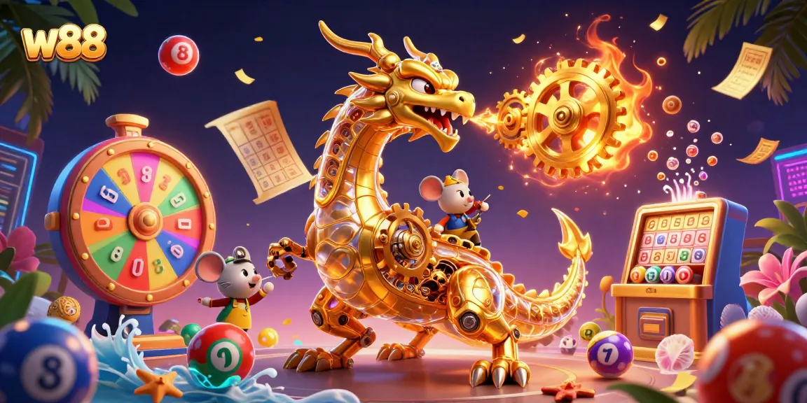 Cá cược tại w88 với rồng vàng hoạt hình 3D bao quanh bóng xổ số nhiều màu sắc.