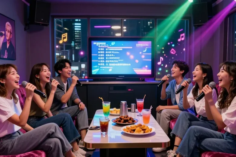 Friends enjoying vibrant 강남노래방 experience in colorful karaoke room with drinks and music.