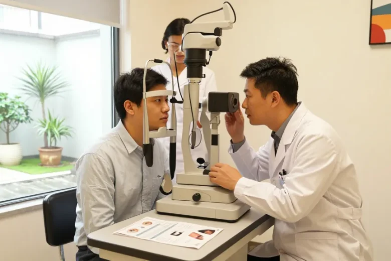 Patient receiving eye examination at SNU Eye Clinic with professional doctor and advanced equipment