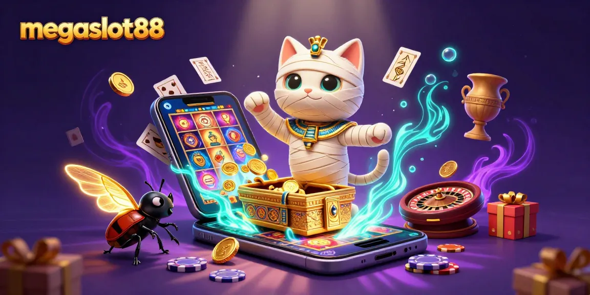 Experience the excitement of megaslot88 in this vibrant casino scene with a mummy cat and glowing scarab.