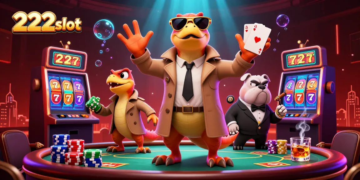 Animasi 3D raptor bermain slot 222slot di kasino, menampilkan suasana meriah.