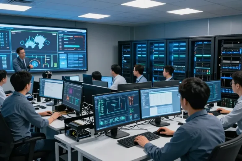 Monitoring rokok 88 server infrastructure with IT professionals in a high-tech server room.