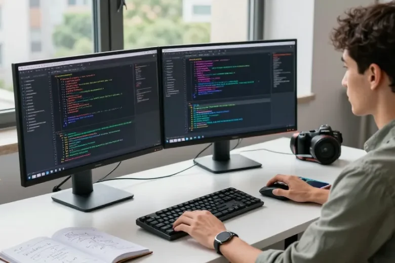 Raja328 software developer immersed in coding at a modern workspace