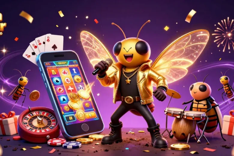 High roller online casino scene featuring a cicada rock star, beetle drummer, and crickets with casino games.