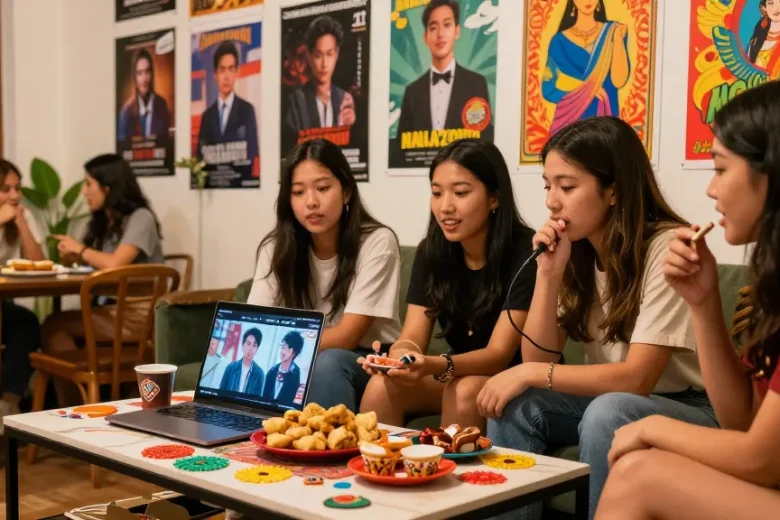 Cultural engagement at https://hanadultalk.com, friends enjoying Asian pop culture content with snacks and vibrant decor.