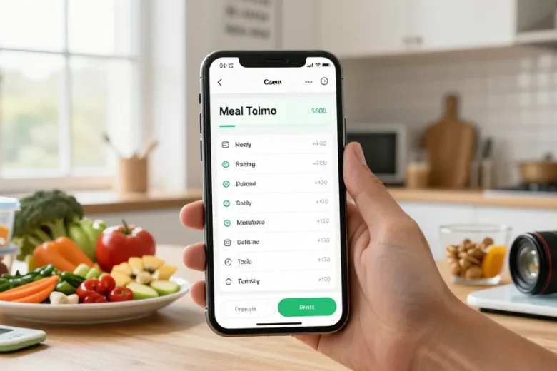 Engaging user tracking macros with the best macro tracking app in a modern kitchen.