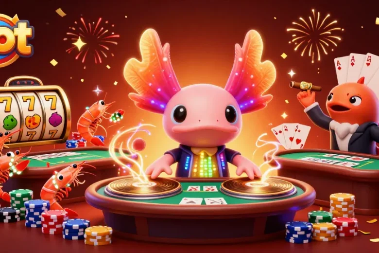 Menangkan slot dengan axolotl DJ yang energik dan simbol buah berwarna-warni di latar belakang.