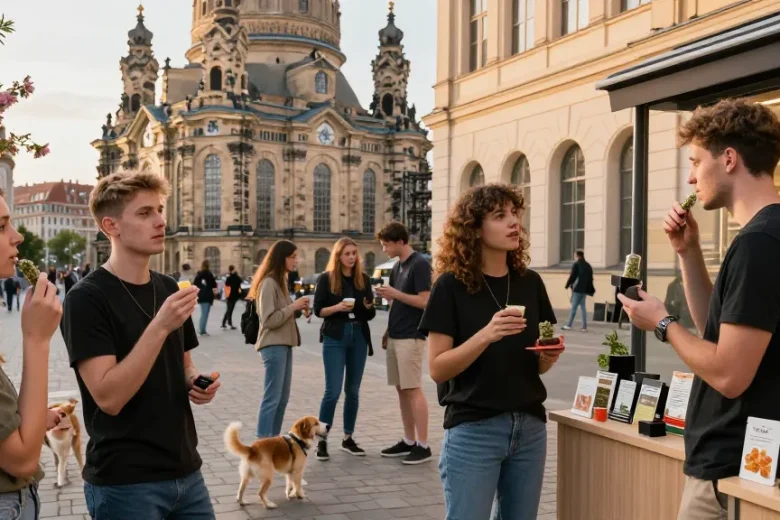 Where Can I Buy Weed Legally In Dresden? Best Guide scene with adults enjoying cannabis products in Dresden's historic streets.