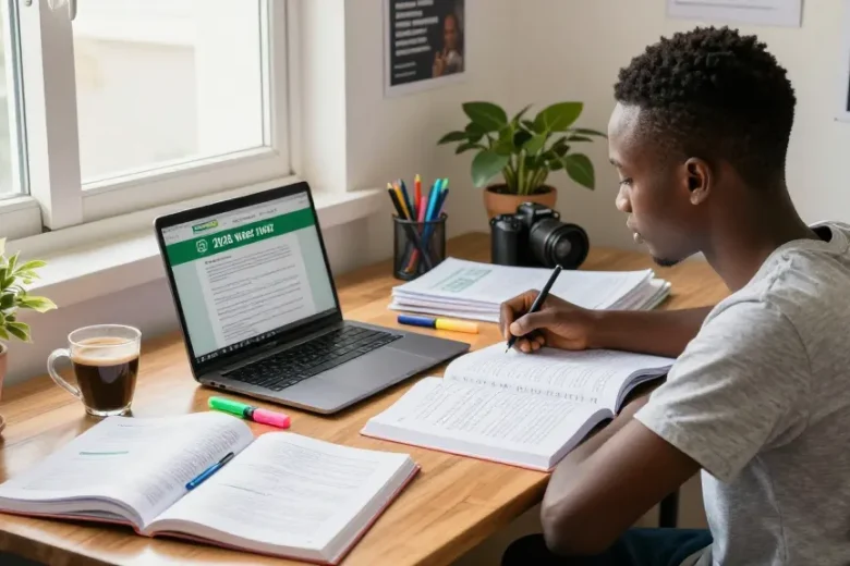 Focused student studying for 2026 waec runz in a bright, inviting workspace filled with books and notes.