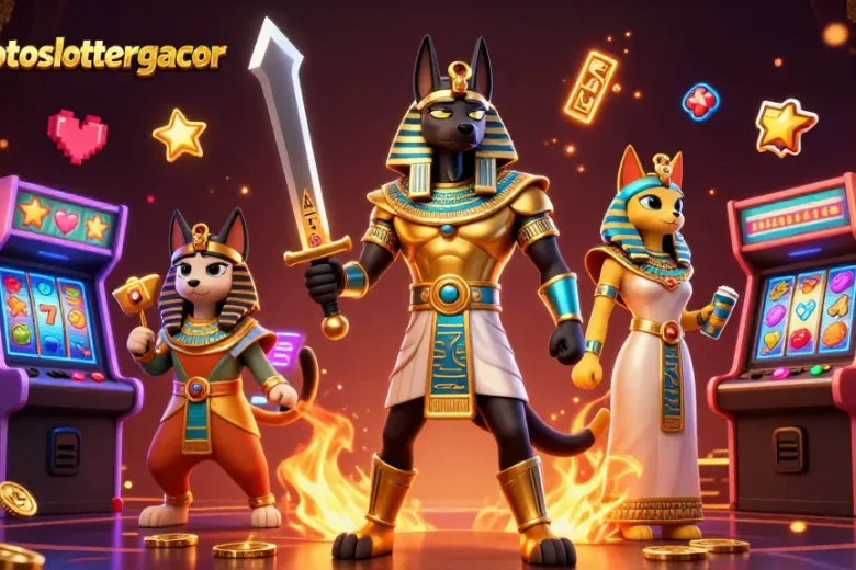 Experience winning at situstotoslottergacor with an epic 3D illustration of Anubis, Bastet, and jackpots